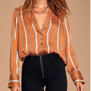Lulus Rust Satin Long Sleeve Button-Up Top